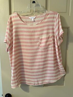 LC Lauren Conrad Pink and White Striped Short Sleeve Pocket Tee